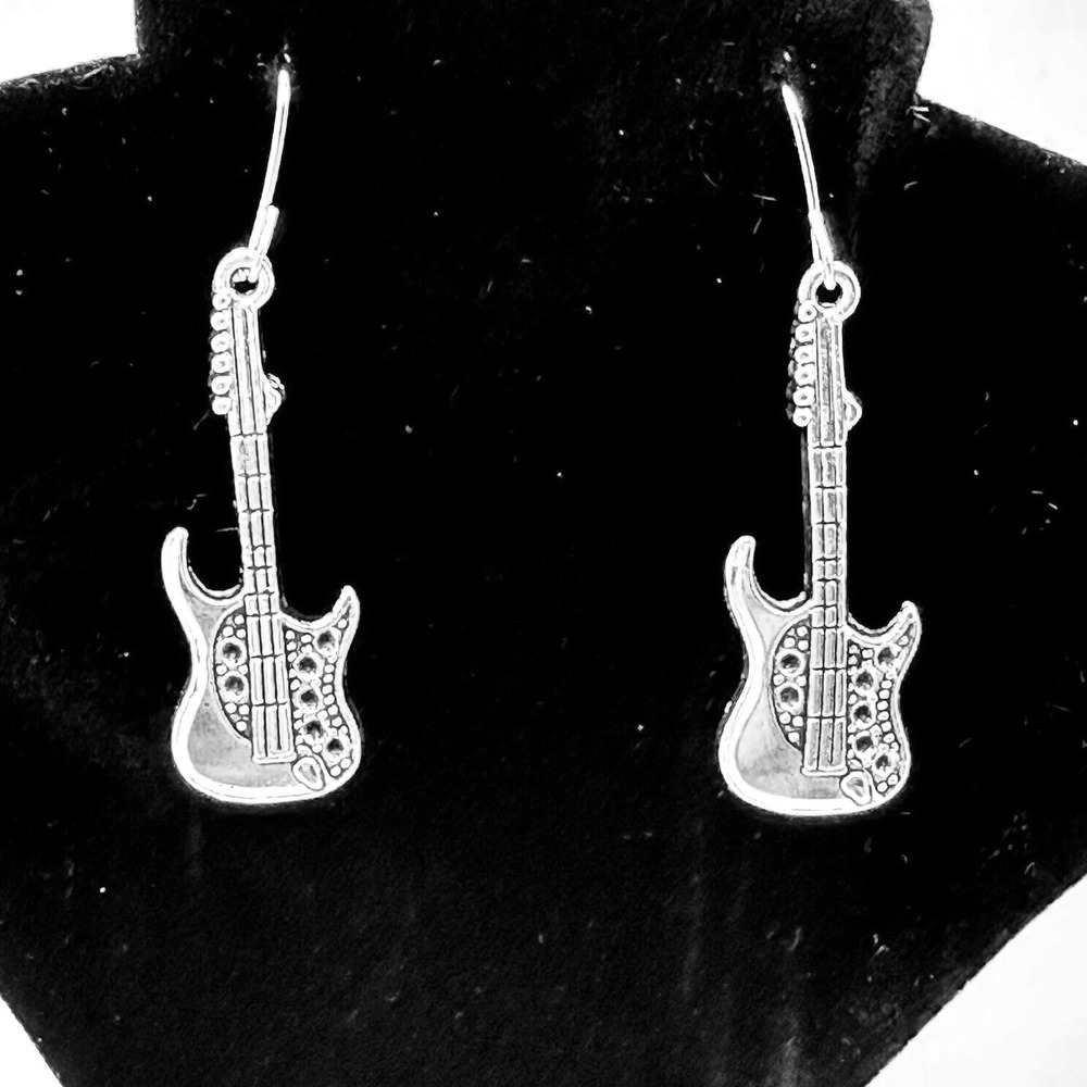 Guitar Earrings Silver Tone Rock Music Band‎ Instrument Dangle Drop Jewelry
